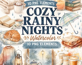 Cozy Rainy Nights Watercolor Clipart Bundle, Cozy Indoor Elements (Digital Download) Canva Template