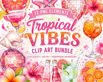 Tropical Vibes Watercolor Clip Art Bundle | Pink Cocktails, Citrus, Disco Beach Elements (Digital Download) Canva Template