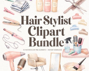 Hair Stylist Clipart Bundle, Watercolor Salon Tools PNG (Instant Download) Canva Template