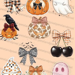 May include: A collection of Halloween-themed stickers featuring a crescent moon with a plaid bow, a pumpkin with a pearl handle, a ghost with a plaid bow, a crow on a pumpkin, a leopard print pumpkin, cherries with a gingham bow, a lace bow, a cupcake, a white pumpkin, and a pink ghost.
