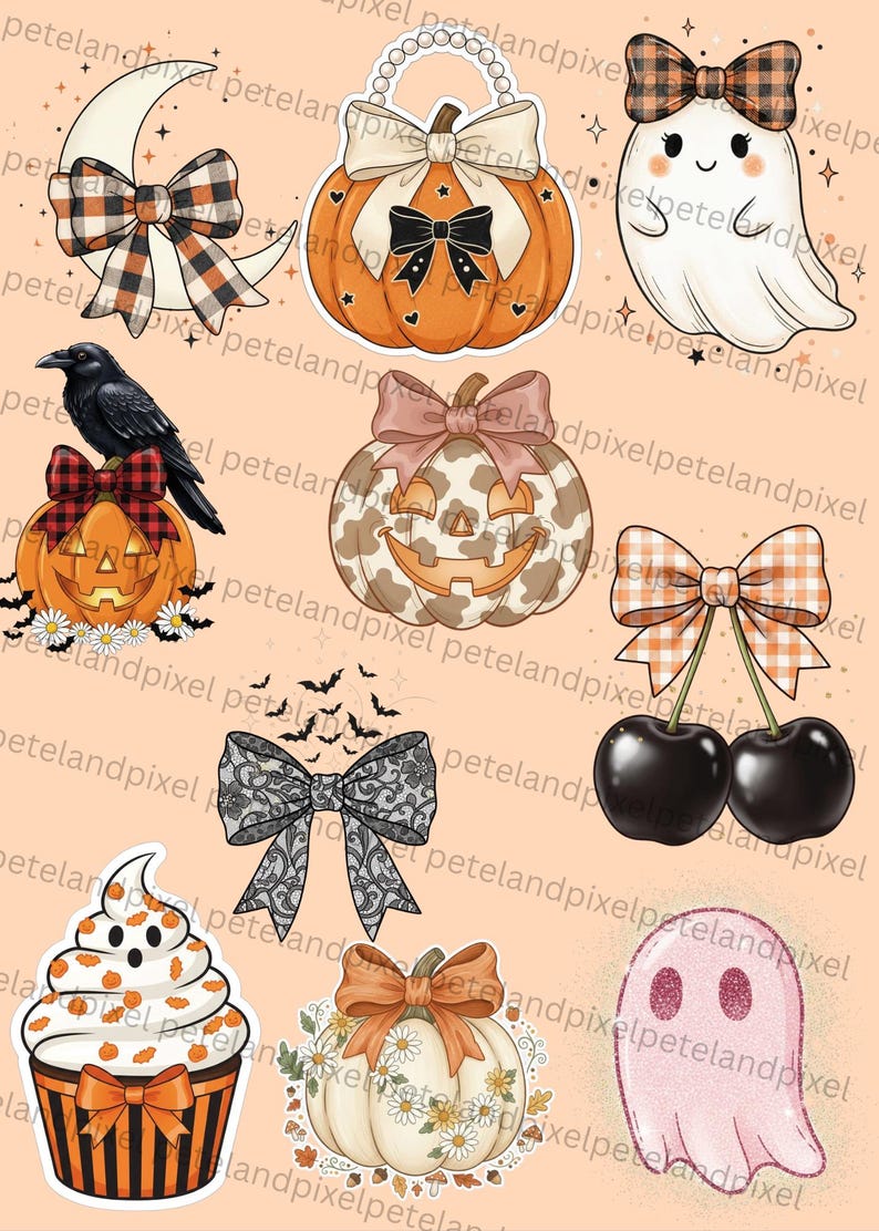 May include: A collection of Halloween-themed stickers featuring a crescent moon with a plaid bow, a pumpkin with a pearl handle, a ghost with a plaid bow, a crow on a pumpkin, a leopard print pumpkin, cherries with a gingham bow, a lace bow, a cupcake, a white pumpkin, and a pink ghost.