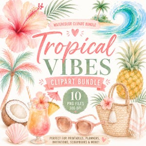 Op de afbeelding: Een aquarel clipartbundel getiteld Tropical Vibes met een grote roze hibiscus, een palmboom, een blauwe oceaangolf, een ananas, een geweven strooien tas, een roze zonnebril, een kokosnoot, een schelp en een tropische cocktail met een rietje.