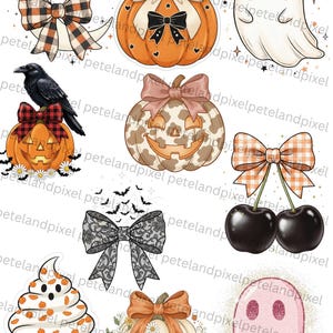 May include: A collection of Halloween-themed stickers featuring a crescent moon with a plaid bow, a pumpkin with a pearl handle, a ghost with a plaid bow, a crow on a pumpkin, a leopard print pumpkin, cherries with a plaid bow, a lace bow, a cupcake, a white pumpkin, and a pink ghost.