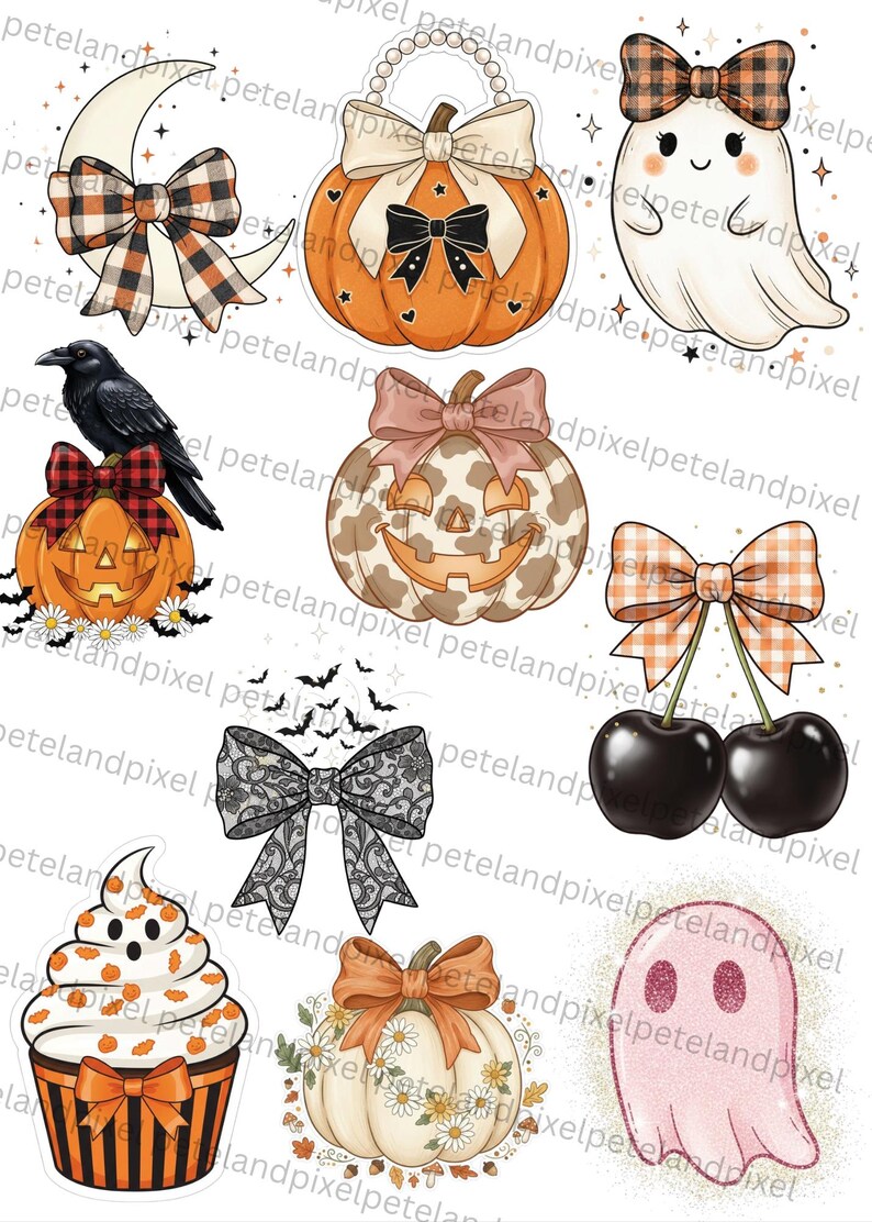 May include: A collection of Halloween-themed stickers featuring a crescent moon with a plaid bow, a pumpkin with a pearl handle, a ghost with a plaid bow, a crow on a pumpkin, a leopard print pumpkin, cherries with a plaid bow, a lace bow, a cupcake, a white pumpkin, and a pink ghost.