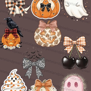 May include: A collection of Halloween-themed stickers featuring a crescent moon with a plaid bow, a pumpkin with a pearl handle, a ghost with a plaid bow, a crow on a pumpkin, a leopard print pumpkin, cherries with a plaid bow, a lace bow, a cupcake, a floral pumpkin, and a pink ghost.