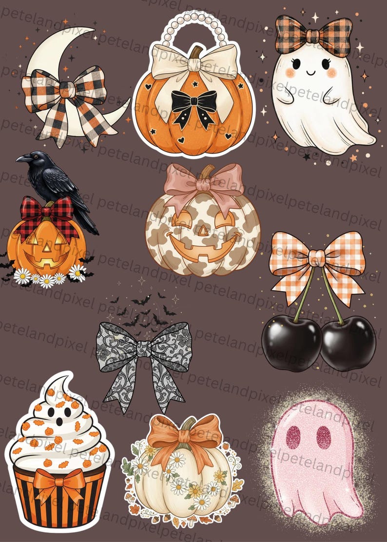 May include: A collection of Halloween-themed stickers featuring a crescent moon with a plaid bow, a pumpkin with a pearl handle, a ghost with a plaid bow, a crow on a pumpkin, a leopard print pumpkin, cherries with a plaid bow, a lace bow, a cupcake, a floral pumpkin, and a pink ghost.