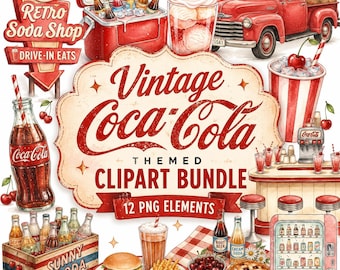 Vintage Coca-Cola Clipart Bundle | Retro Americana Watercolor Graphic Canva Templates (Digital Download)