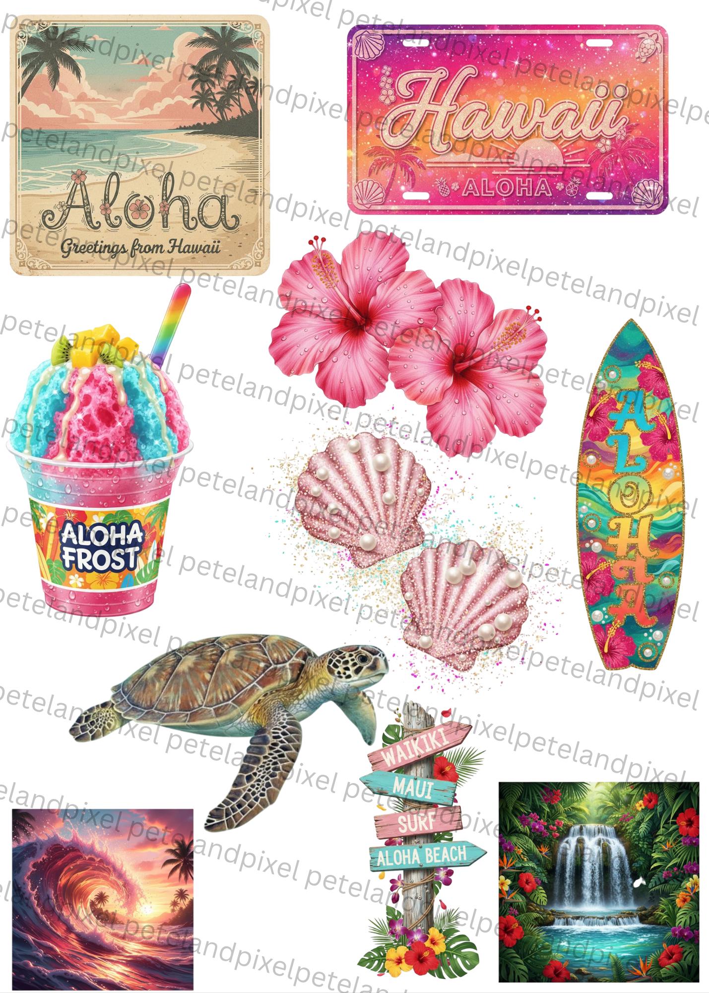 Pink Hawaii Clipart Bundle | Tropical PNG Elements, Hibiscus, Surfboard ...