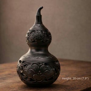 Handskuren svart keramikkalebassvas – Zen-dekor, tursymbol (7,9 tum)