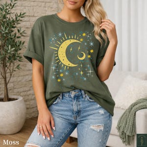 Boho Moon and Stars Shirt, Distressed Galaxy T-Shirt for Astronomy Fans, Mystic Aesthetic Clothes, Celestial Top Gift for Girlfriend