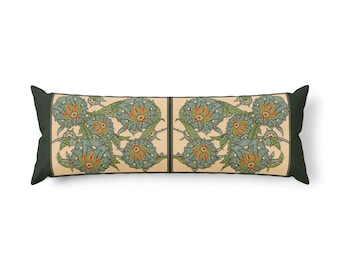 Dark Green Botanical Body Pillow, Vintage Floral Lumbar Cushion, Forest Bedding Accent