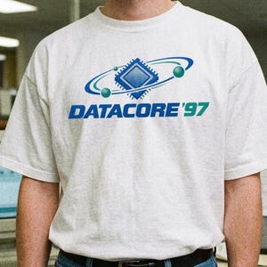 May include: A light grey short-sleeved t-shirt featuring a blue and green graphic of a computer chip surrounded by orbital rings and the text DATACORE '97 printed in blue. The shirt is paired with blue denim jeans and a black leather belt.