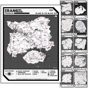 Peut inclure: Une collection de cartes de jeux vidéo en noir et blanc présentant Erangel et d'autres lieux. Chaque carte comprend une grille, des noms de lieux et une légende avec des icônes pour les sous-sols secrets, les hauteurs, les véhicules et structures.