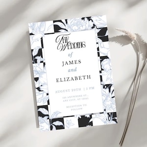 Invitación de boda editable en Canva. Plantilla de invitación de descarga instantánea. Tema: Algo azul. Invitación con temática azul.