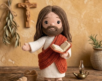 Handmade Crochet Jesus Doll, Amigurumi Religious Figure, Christian Home Decor, Biblical Craft, Crochet Jesus with Bible, Jesus Crochet Doll