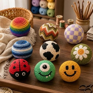 May include: A collection of colorful, handmade crochet balls with various designs, including a rainbow, stripes, a soccer ball pattern, a ladybug, a smiley face, and a daisy. The balls are displayed on a wooden surface with crochet hooks and yarn in the background.