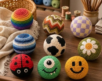 Handmade Crochet Hacky Sack Footbag, Knitted Stress Ball, Retro 90s Bean Bag Ball, Boho Outdoor Kick Toy, Colorful Juggling Ball