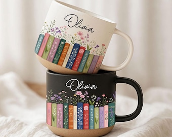 Personalised Vintage Bookshelf Library Pottery Mug, Floral Bookish Gifts For Reader, Custom Reading Coffee Cup, Book Lover Birthday Gift