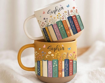 Vintage Bookshelf Library Pottery Mug Book Lover Gift, Floral Bookish Gifts For Reader, Reading Coffee Cup