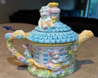 Tetera vintage Mercuries de 1994, pintada a mano, con forma de conejito, estilo cottagecore.