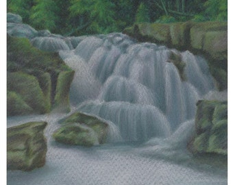 Original Pastel Drawing, Misty Woodland Waterfall, Waterfall Art, Painting, 8 x 10 Mat Board, Forest, Trees, SFA, Small Format Art, ADA136