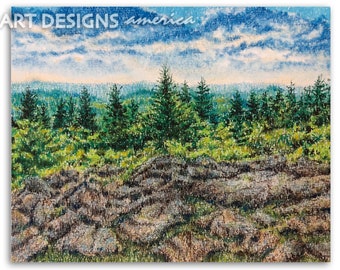 Mountain Landscape, Original Oil Pastel Drawing, 10 x 8 West Virginia Spruce Knob Painting, Scenic Rocks, Evergreen Trees, Hillside View