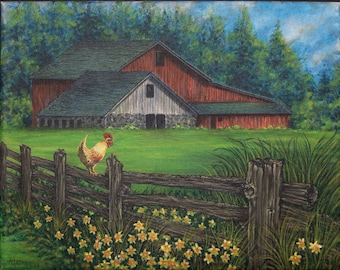 Rustic Barn Landscape with Rooster, Fence, Flowers, Original Acrylic Painting on Stretched Canvas, 14 x 11 Country Rural Scene Art
