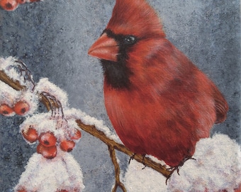 Cardinal Bird, Original Acrylic Painting on Stretched Canvas, 8 x 10 Animal Wildlife Art, Bird in Winter, Snow Branch with Berries