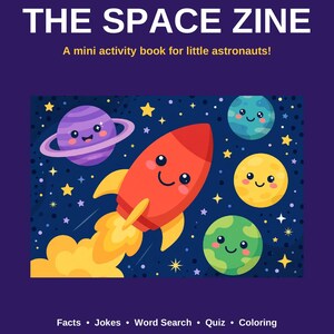May include: A dark purple activity book titled THE SPACE ZINE ISSUE No. 1, A mini activity book for little astronauts! The cover features a red rocket, a purple ringed planet, and three other colourful planets against a starry sky.