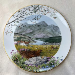 May include: Decorative plate with a scenic landscape featuring deer, birds, and mountains. The plate has a gold rim and a detailed painting of a natural scene with a lake and wildflowers. The colors include shades of green, blue, brown, and gold.