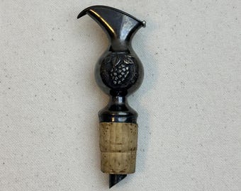Vintage Metal Grape Wine Stopper Pourer, Sculptural Barware Accessory