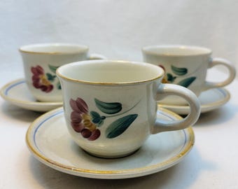 Vintage japanska stengods tekoppar set om 3 | Handmålade blommiga mitten av århundradet bordsservis
