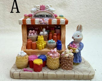 Figuritas de conejitos en miniatura para puestos de mercado, puestos de huevos de Pascua, puestos de leche, fruterías, floristerías con forma de huevo, decoración de pueblo de conejos de estilo vintage.