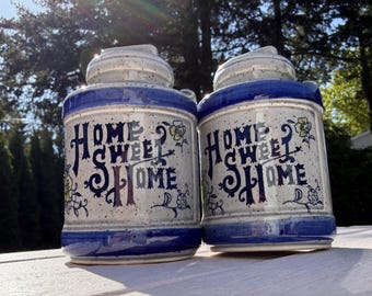 Vintage Japanese Salt and Pepper Shakers Set (2PCS) Home Sweet Home Blue White Ceramic Made in Japan Rustic Kitchen Decor