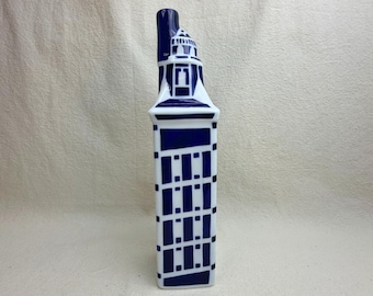 Botella vintage de la Torre de Hércules de Sargadelos, porcelana gallega azul y blanca, cerámica española, jarrón con escultura de faro.