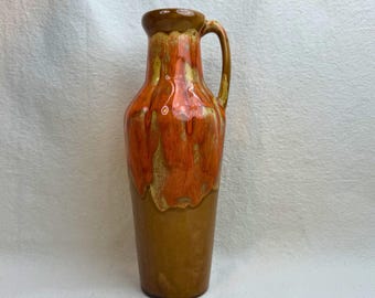 Jarra/jarrón de cerámica vintage japonesa / Jarrón con asa de esmalte goteante en tonos naranja y marrón / Cerámica de estilo de mediados de siglo