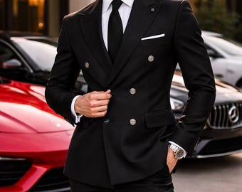 Traje de dos piezas cruzado negro de Kvetoo para hombre, ropa formal de corte ajustado.