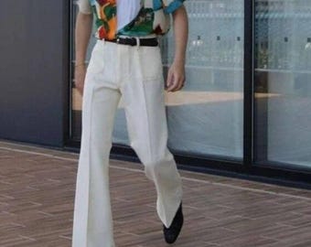 Pantalón blanco acampanado Kvetoo para hombre, ideal para fiestas, la oficina y bodas.