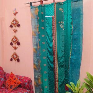 Green Recycled Silk Sari Patchwork Curtain: Multicolor Bohemian Home Decor Drape