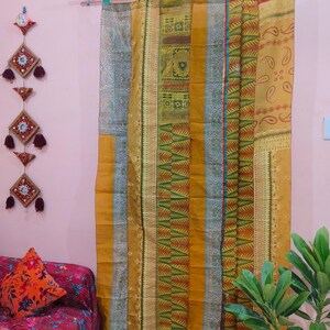 Yellow Silk Sari Multi color Handmade Patchwork Curtain Door Drape Window Home Decor Recycled Curtain