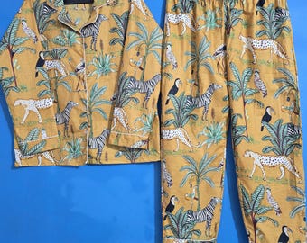 100% Cotton Hand Block Print Pajama Set, Jungle Animal Sleepwear