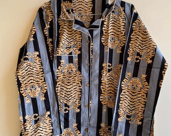 Handblockdruck, grauer Baumwoll-Pyjama-Set, Tiger-Design, Damennachtanzug-Nachtwäsche