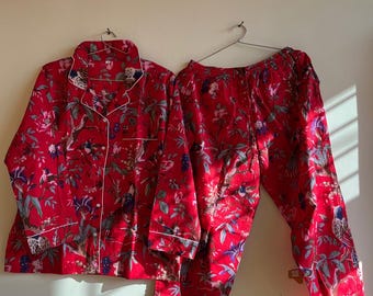 Conjunto de pijama de algodón con estampado de pájaros: Pijama estilo bohemio indio, conjunto de pijama rojo.