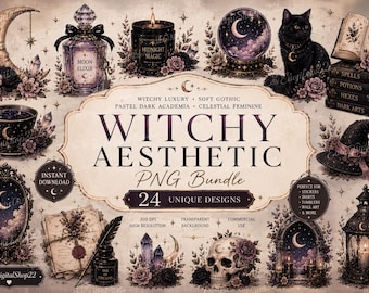 Witchy PNG Bundle | Celestial Moon, Gothic Skull, Black Cat Clipart (Digital Download)