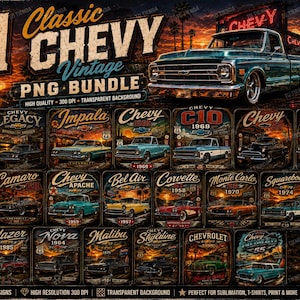 May include: A vintage-style PNG bundle featuring 21 unique designs of classic Chevy cars and trucks. The image includes illustrations of various models like the Impala, Camaro, and El Camino, with the Route 66 logo. The text reads "Built to Last."