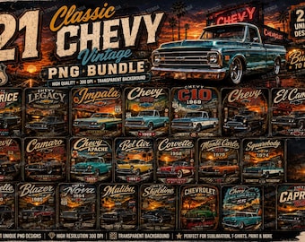 21 Classic Chevy Vintage PNG Bundle, Retro Automotive Designs (Digital Download)