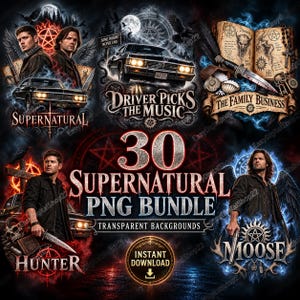 Può includere: Una collezione grafica digitale con immagini di Supernatural che include due uomini, un'auto nera, un libro aperto con illustrazioni di demoni, un coltello ed elementi testuali come Supernatural, Driver Picks The Music, The Family Business, Hunter e Moose.