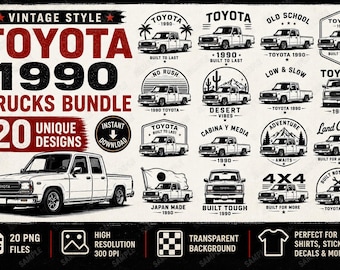 1990 Toyota Lowrider Trucks Bundle, Vintage Pickup Art (20 PNG Files)
