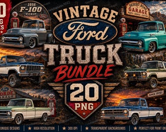 PNG-paket med vintage Ford-lastbil | 20 klassiska retrodesigner (digital nedladdning)
