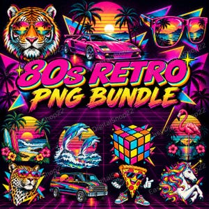 May include: A digital graphic bundle featuring 80s retro elements including a tiger, a sports car, sunglasses, dolphins, a Rubik's cube, a flamingo, a van, a pizza slice, and a unicorn, with the text 80s RETRO PNG BUNDLE in bold pink letters.